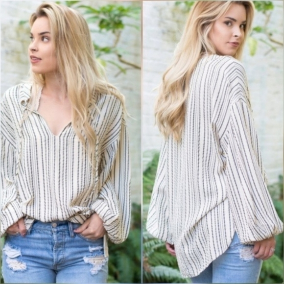 Free People Gray and White Boxy Long Sleeve Blouse - Picture 1 of 6